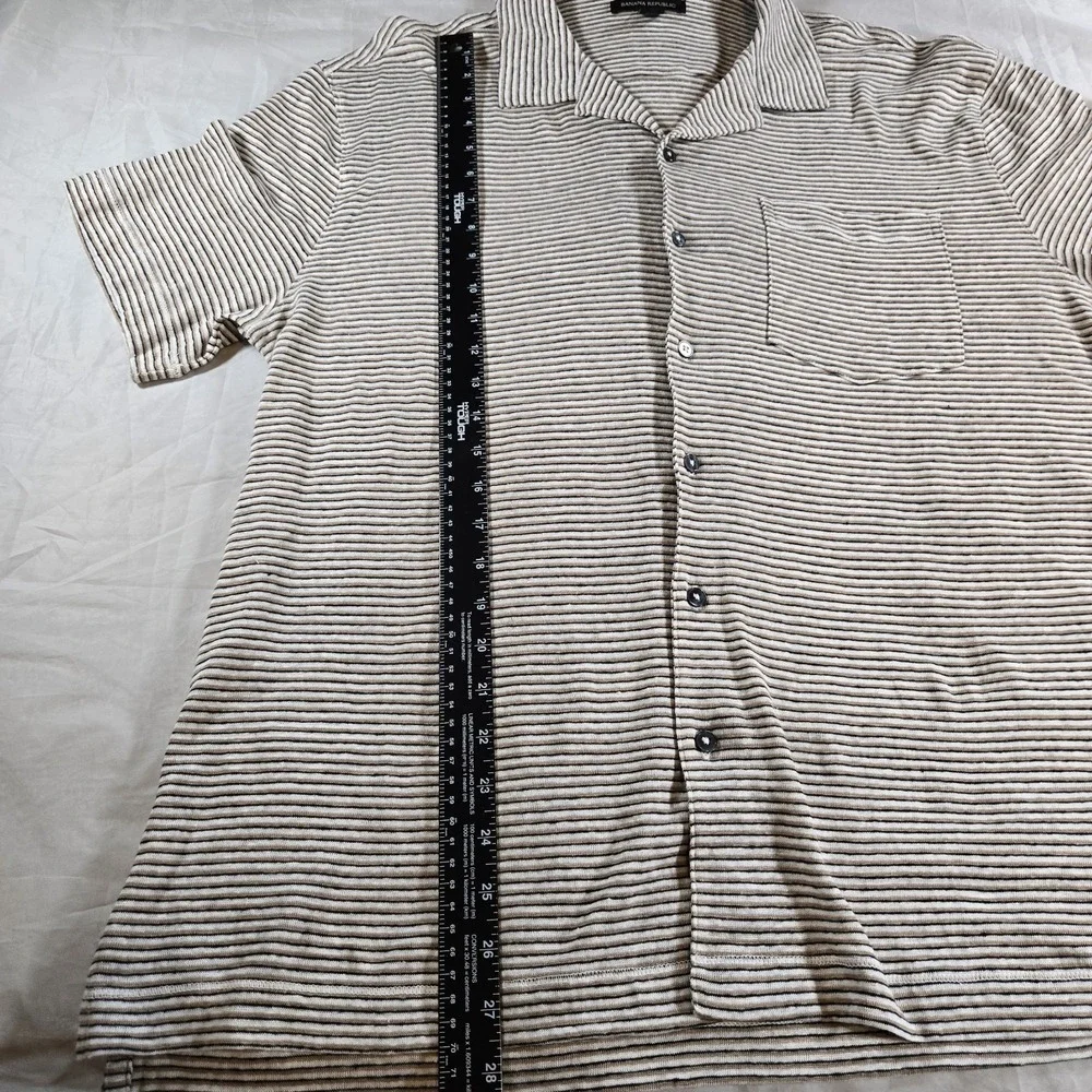 Banana Republic Linen Resort Shirt Mens XLShort Black Stripe Camp Button Front